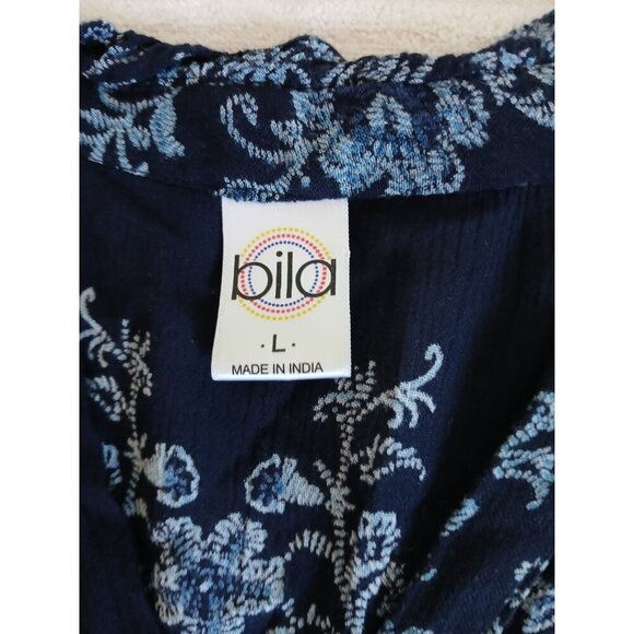 Bila Womens Maxi Dress L Blue Floral Smocked Split Neck Sleeveless Double Slit - Picture 15 of 16